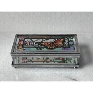 AMIA Denver Co. Stained Glass Trinket Box hand painted butterfly